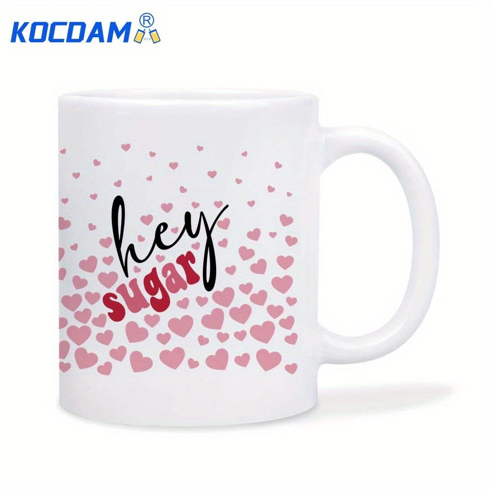 Tailorly White Ceramic 11 oz Mug - Hey Sugar Scattered Pink Hearts Floating Around Romantic Text On Smooth Surface Mug