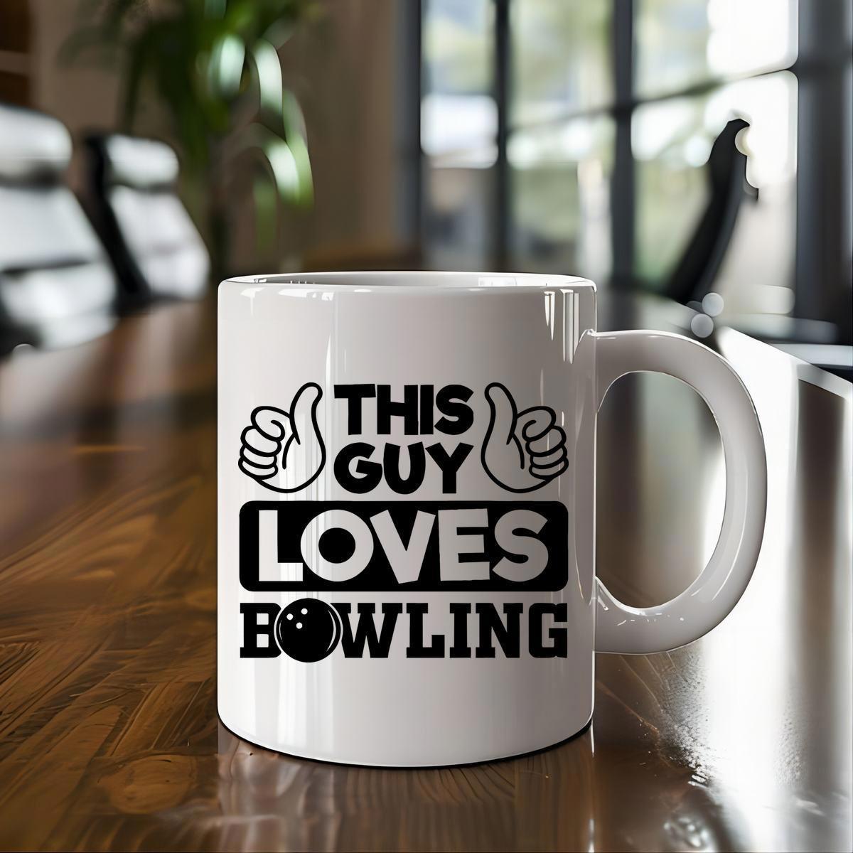 Tailorly White Ceramic 11 oz Mug - This Guy Loves Bowling Sporty Bold Typography Graphic Featuring Thumbs Up Icons And A Polished Bowling Ball