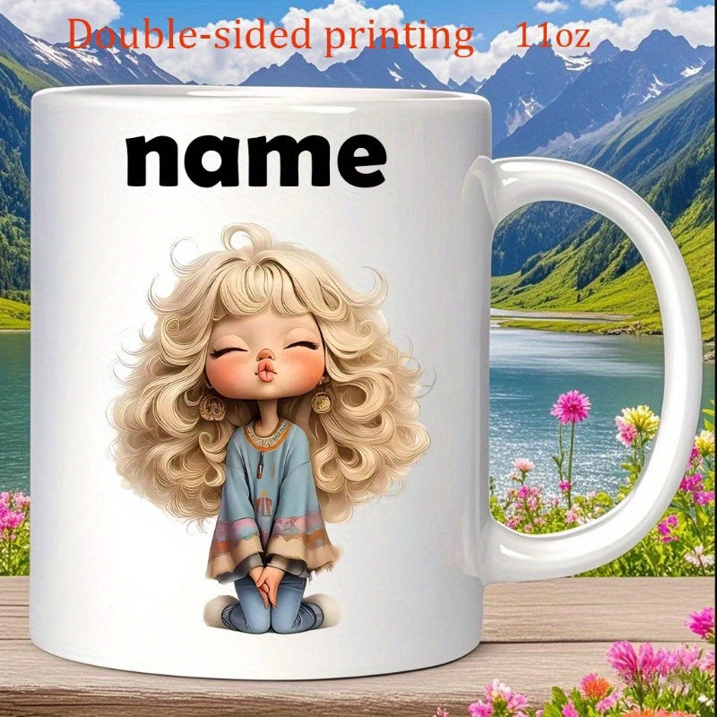 Tailorly White Ceramic 11 oz Mug - Name Adorable Cartoon Character With Voluminous Blonde Curls Wearing Cozy Blue Poncho Girl