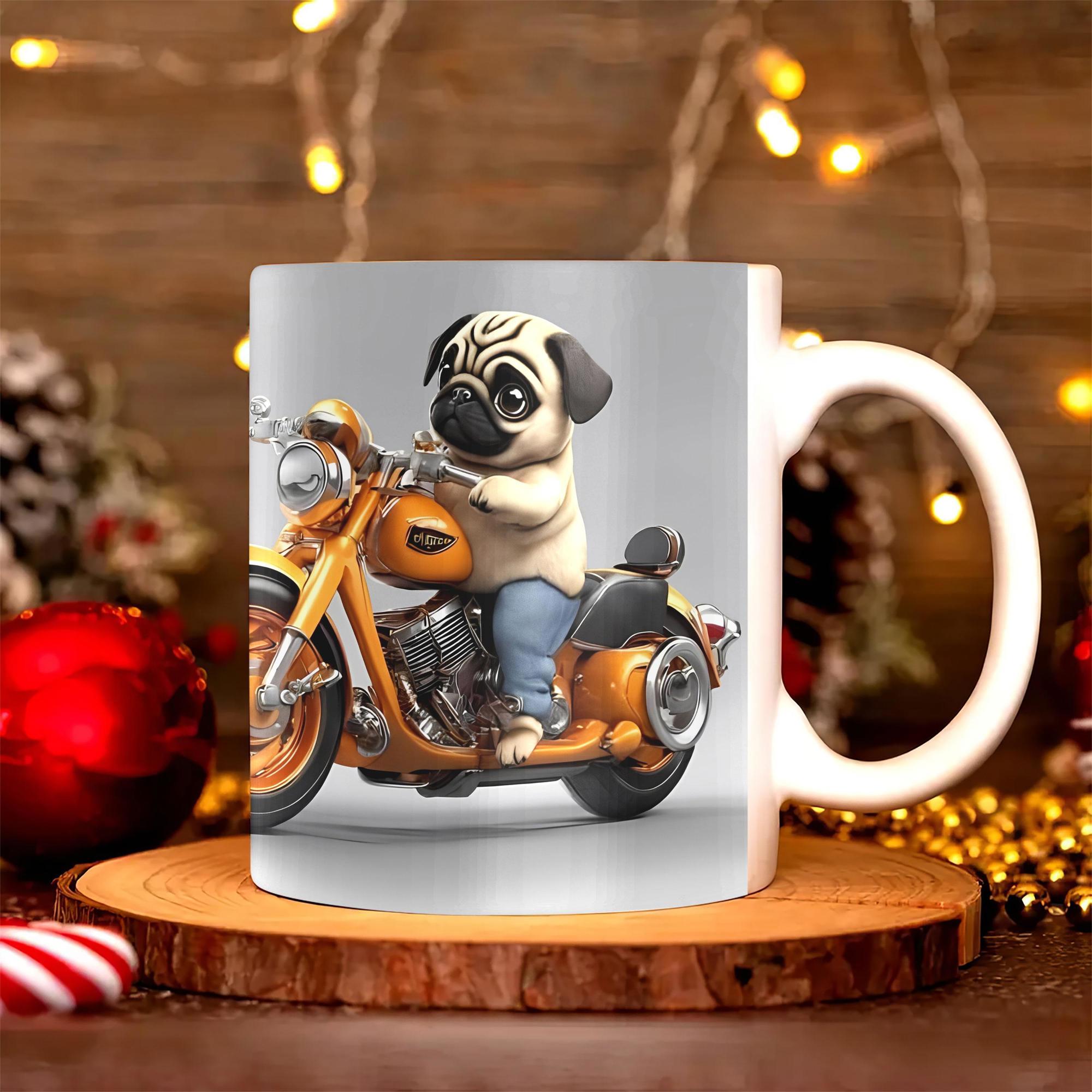 Tailorly White Ceramic 11 oz Mug - Adorable Pug Dog Riding A Classic Orange Vintage Style Motorcycle