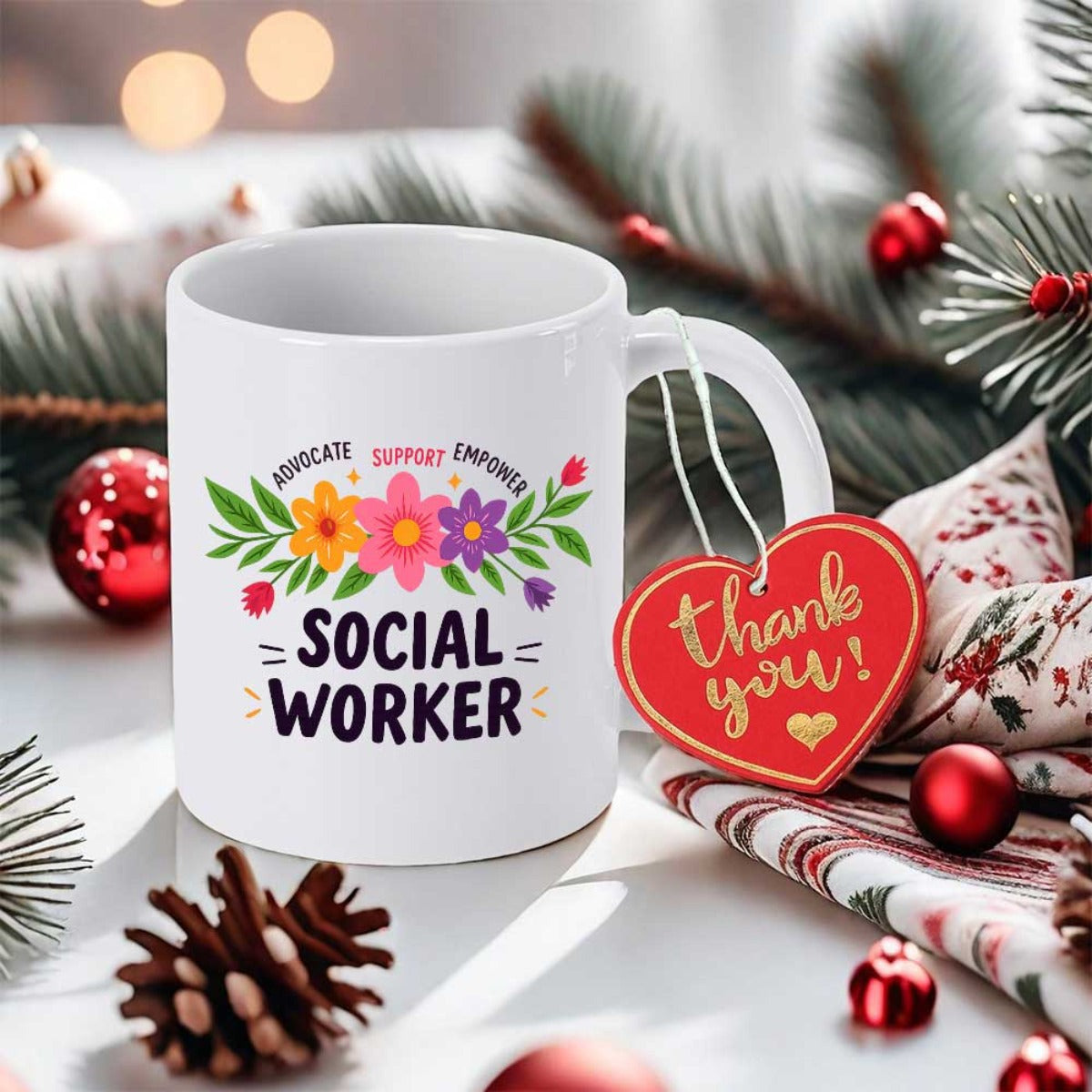 Tailorly White Ceramic 11 oz Mug - Social Worker Advocate Support Empower Vibrant Colorful Blooming Garden With Greenery Among Elegant Petals Flower