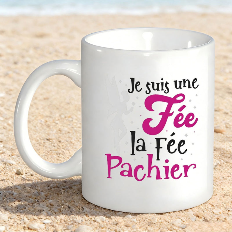 Tailorly White Ceramic 11 oz Mug - Elegant White Ceramic Vessel With Artistic Script Font Displayed On Sand Mug