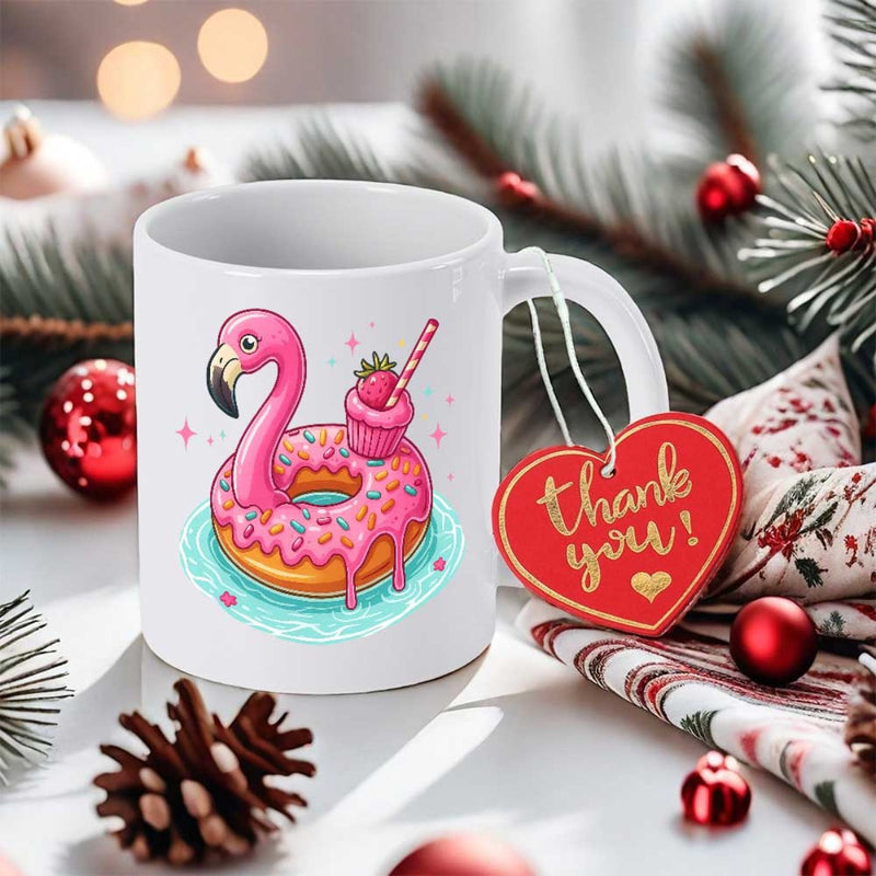 Tailorly White Ceramic 11 oz Mug - Thank You Adorable Pink Flamingo Floating In Glazed Donut With Sweet Strawberry Cupcake Flamingo
