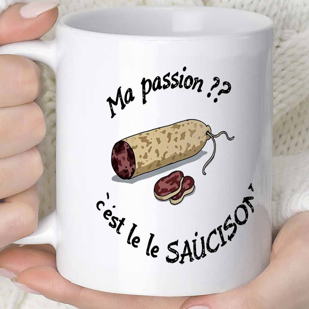 Tailorly White Ceramic 11 oz Mug - Hand Drawn Traditional French Salami With Two Thin Savory Slices Sausage