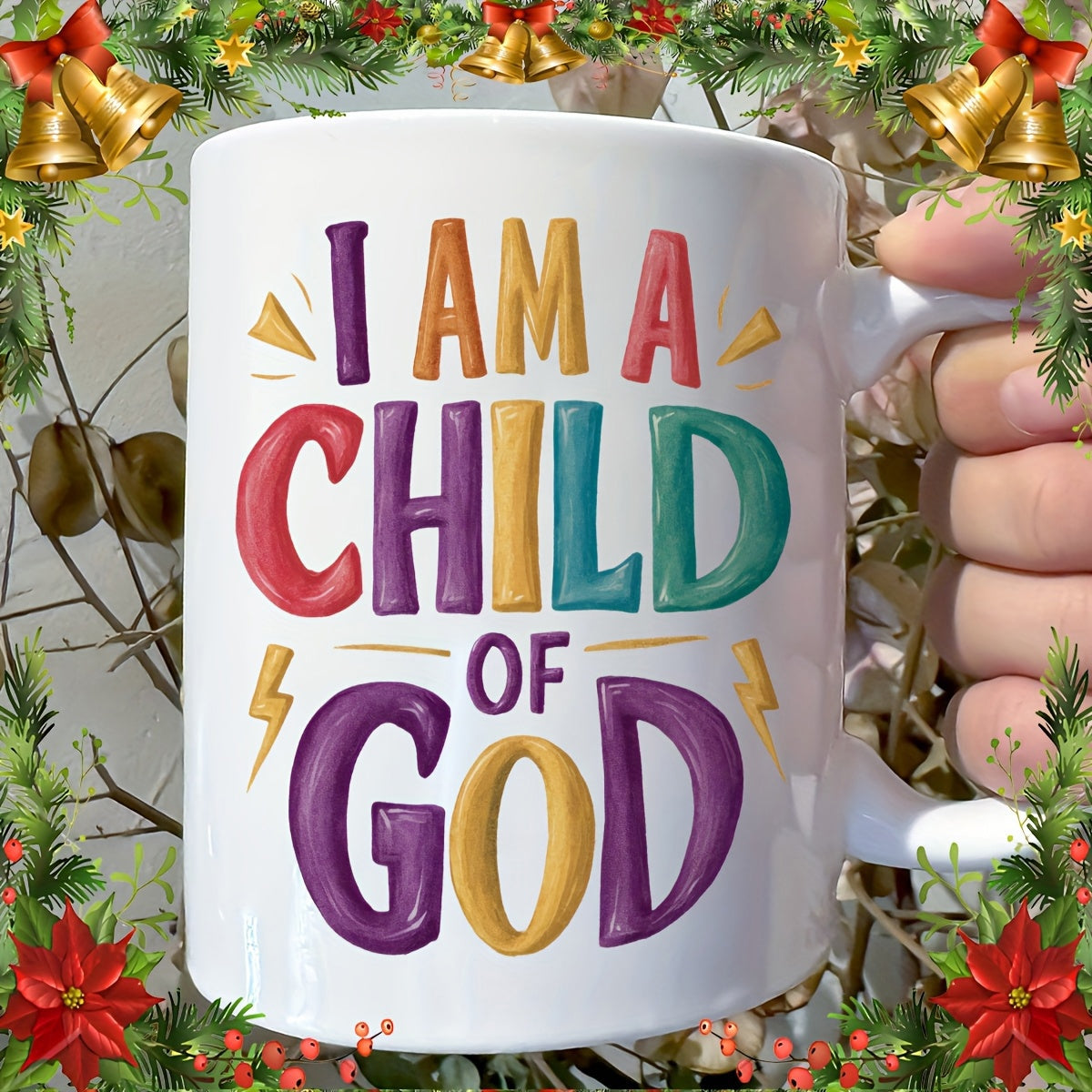 Tailorly White Ceramic 11 oz Mug - I Am A Child Of God Vibrant Colorful Bubbly Text With Cheerful Yellow Sparks Design
