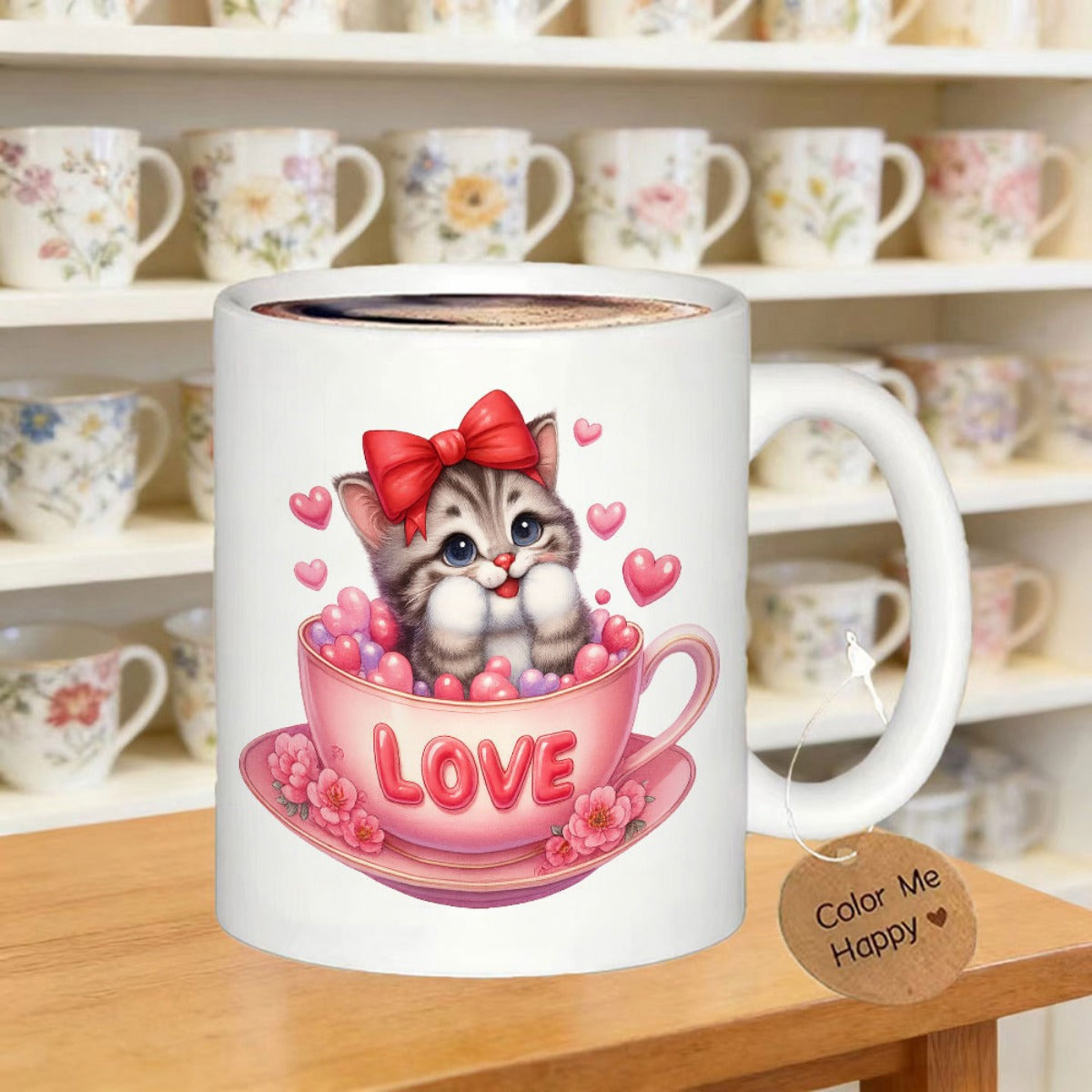 Tailorly White Ceramic 11 oz Mug - Love Color Me Happy Adorable Striped Kitten With Red Bow Sitting In Pink Heart Teacup Kitten