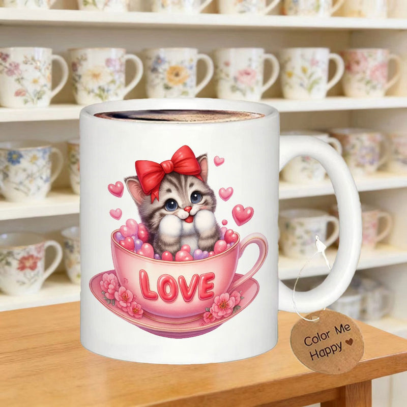 Tailorly White Ceramic 11 oz Mug - Love Color Me Happy Adorable Striped Kitten With Red Bow Sitting In Pink Heart Teacup Kitten