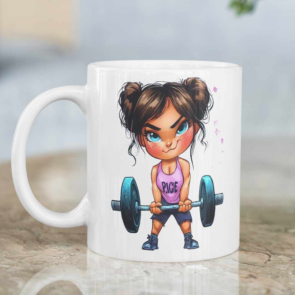 Tailorly White Ceramic 11 oz Mug - Rage Strong Athletic Chibi Girl With Twin Buns Lifting Heavy Barbell Girl