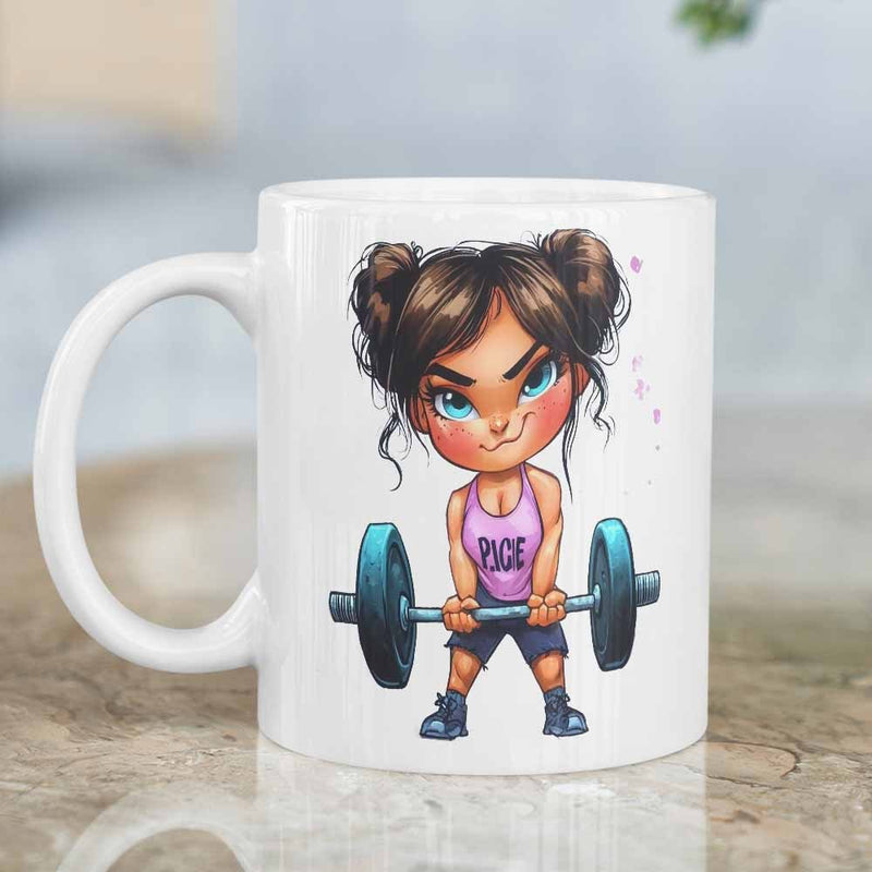 Tailorly White Ceramic 11 oz Mug - Rage Strong Athletic Chibi Girl With Twin Buns Lifting Heavy Barbell Girl