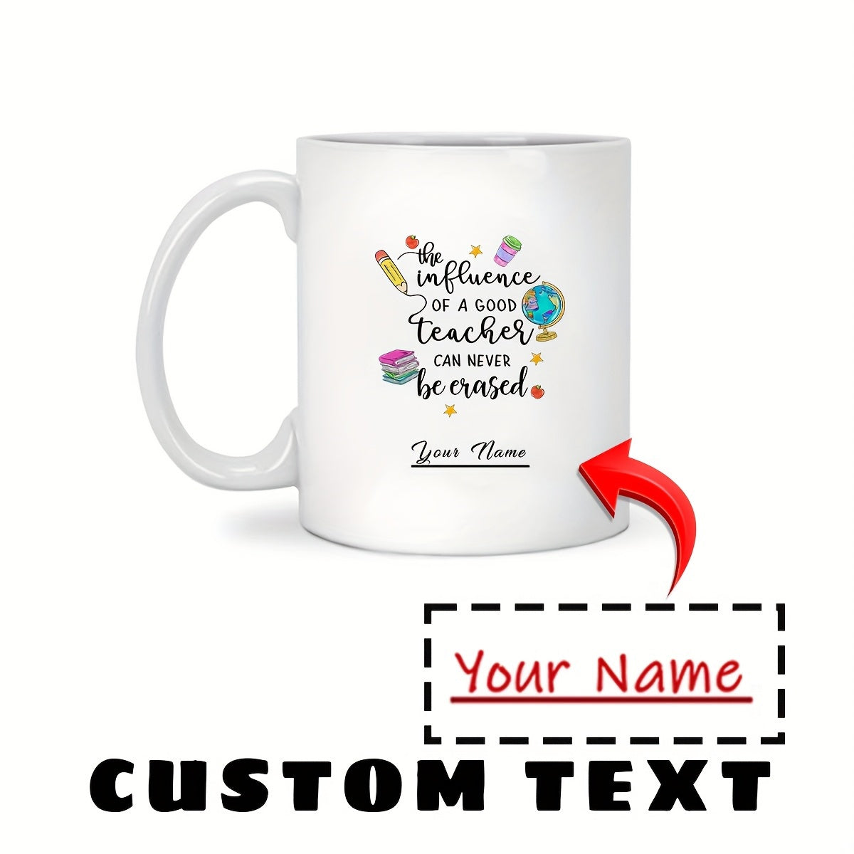 Tailorly White Ceramic 11 oz Mug - The Influence Of A Good Teacher Can Never Be Erased Your Name Educational Stationery Elements Floating Around Inspirational