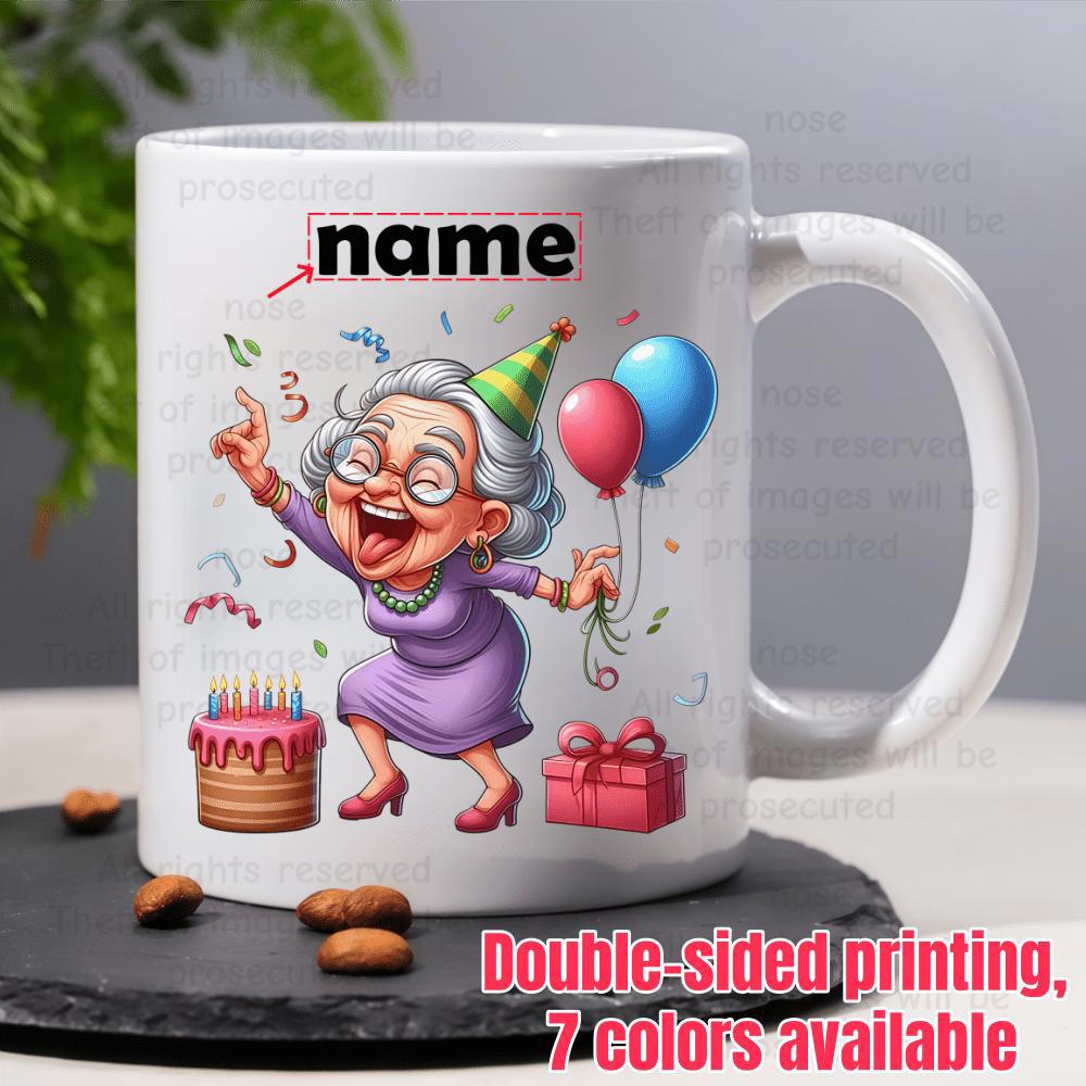 Tailorly White Ceramic 11 oz Mug - Name Joyful Elderly Woman Wearing Party Hat Celebrating With Cake And Balloons Grandmother