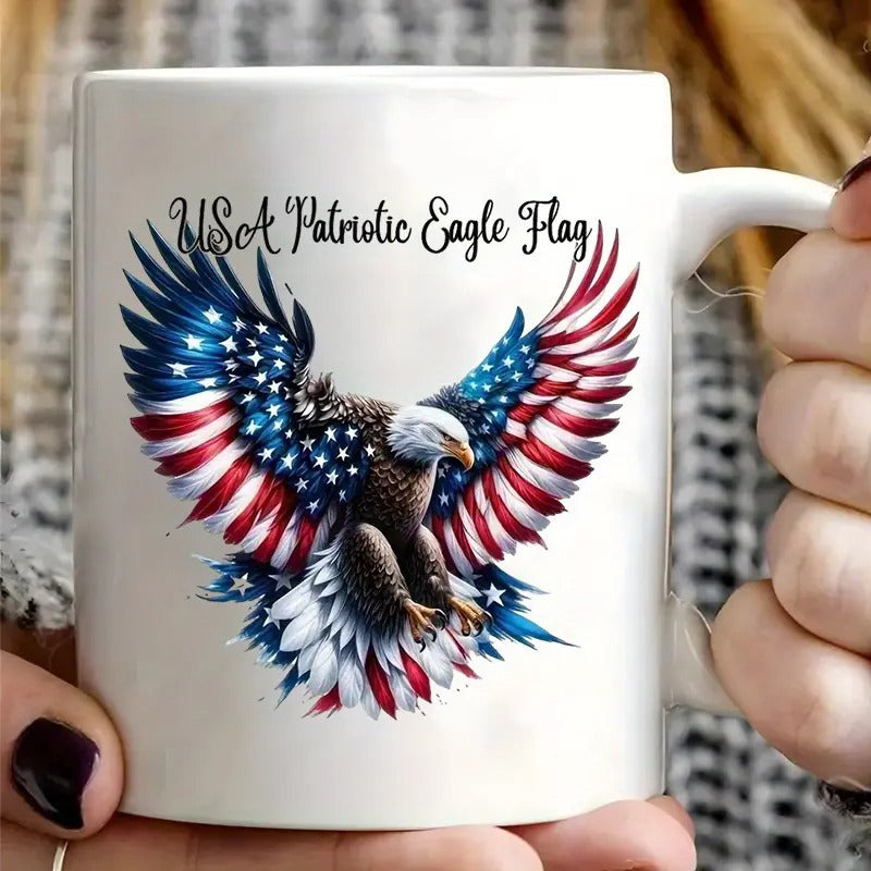 Tailorly White Ceramic 11 oz Mug - Usa Patriotic Eagle Flag Spreading Majestic Wings Showcasing American Flag Stars And Stripes Patterns Eagle