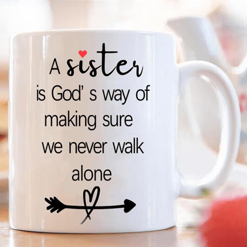 Tailorly White Ceramic 11 oz Mug - A Sister Is God's Way Of Making Sure We Never Walk Alone Simple Black Heart Symbol Centered Within A Decorative Arrow