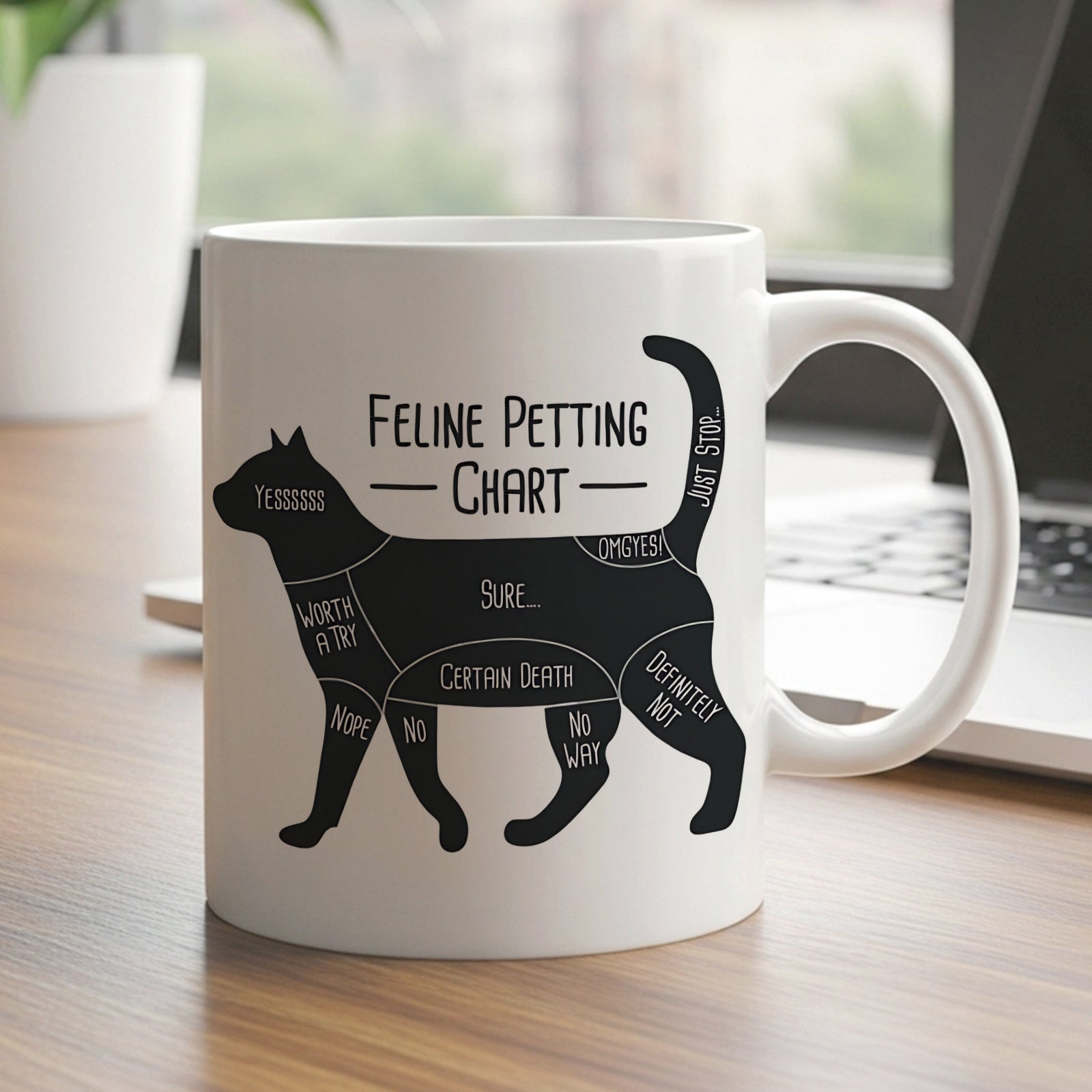 Tailorly White Ceramic 11 oz Mug - Feline Petting Chart Minimalist Solid Black Silhouette Featuring Detailed Anatomy Instructional Diagram Cat