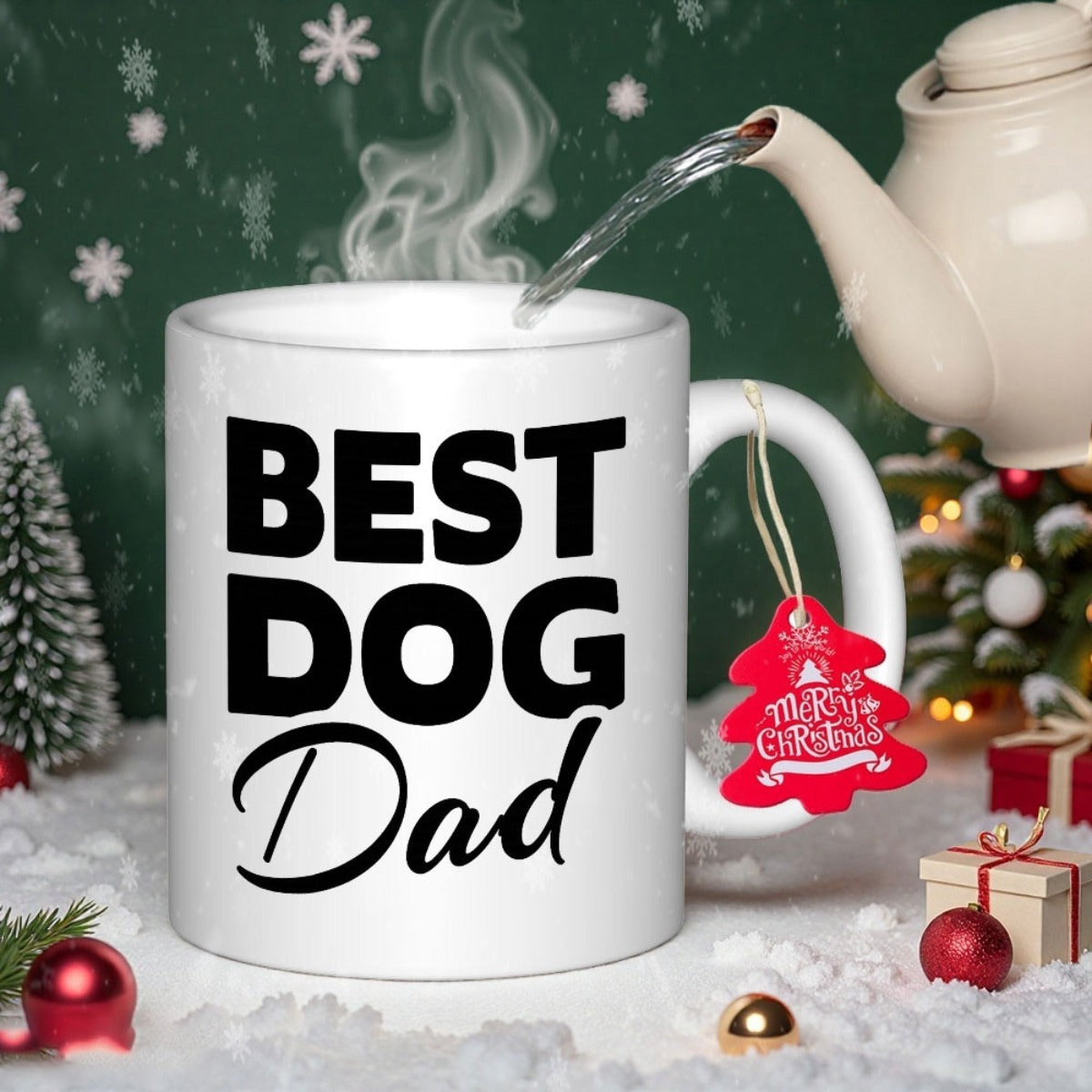 Tailorly White Ceramic 11 oz Mug - Best Dog Dad Festive Christmas Scene With Snowflakes And Steaming Water From Teapot Mug