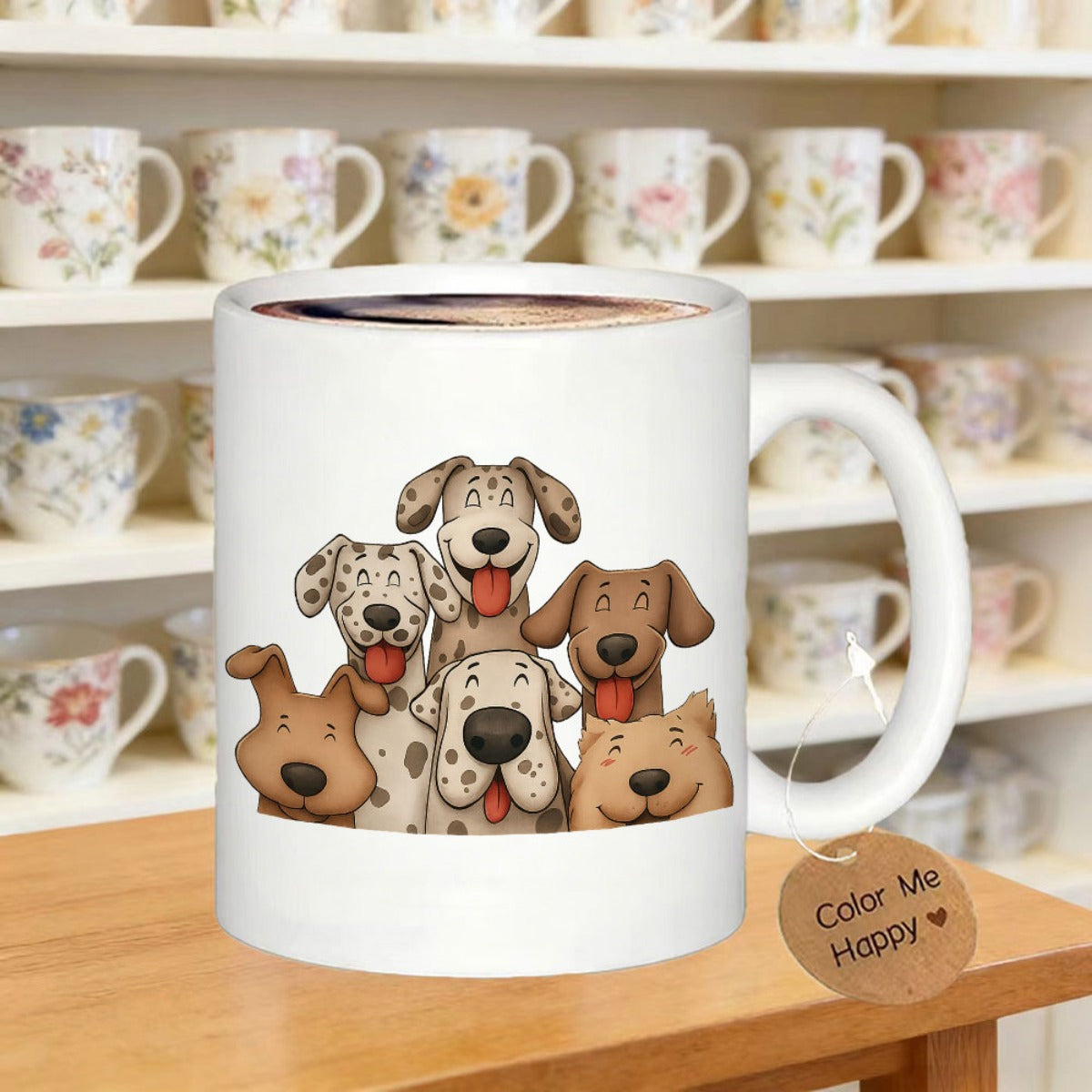 Tailorly White Ceramic 11 oz Mug - Color Me Happy Friendly Group Of Spotted And Brown Cartoon Puppies Smiling Dog