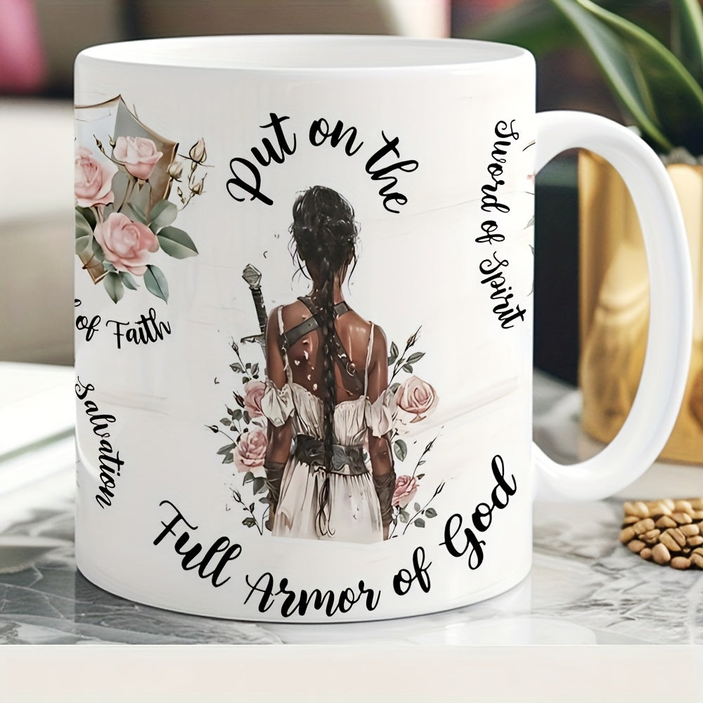 Tailorly White Ceramic 11 oz Mug - Put On The Full Armor Of God Sword Of Spirit Graceful Female Warrior Carrying A Long Sword Among Delicate Pink Rose Warrior