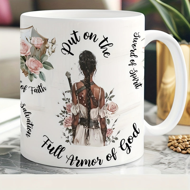 Tailorly White Ceramic 11 oz Mug - Put On The Full Armor Of God Sword Of Spirit Graceful Female Warrior Carrying A Long Sword Among Delicate Pink Rose Warrior