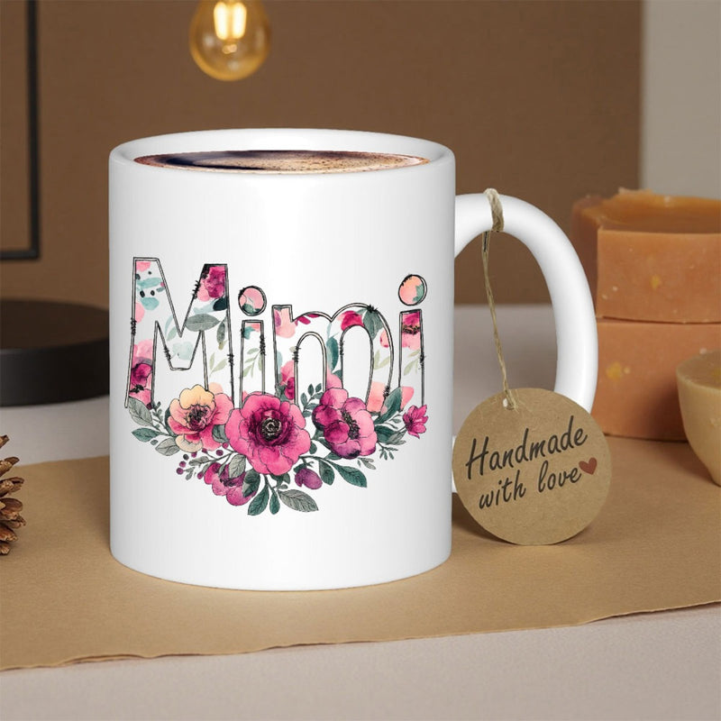 Tailorly White Ceramic 11 oz Mug - Mimi Elegant Pink Floral Pattern With Blooming Peonies And Lush Leaves Flower