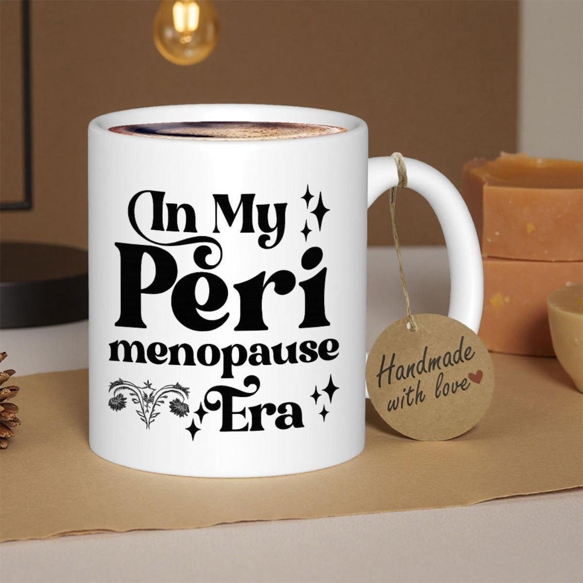 Tailorly White Ceramic 11 oz Mug - In My Peri Menopause Era Vintage Retro Typography Featuring Sparkling Stars And Female Anatomy Symbol Mug