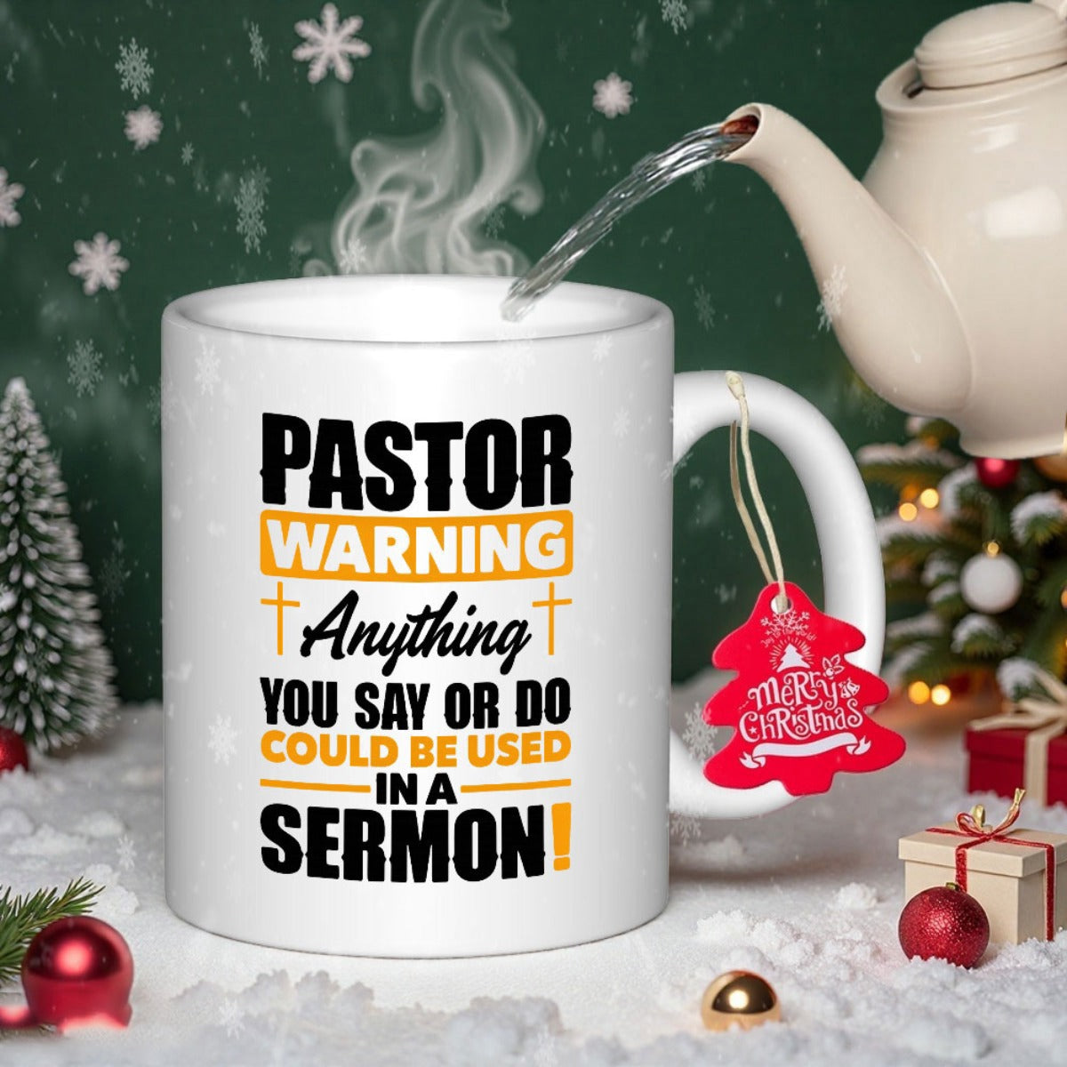 Tailorly White Ceramic 11 oz Mug - Pastor Warning Anything You Say Or Do Could Be Used In A Sermon Bold Black And Orange Typography Featuring Religious Crosses