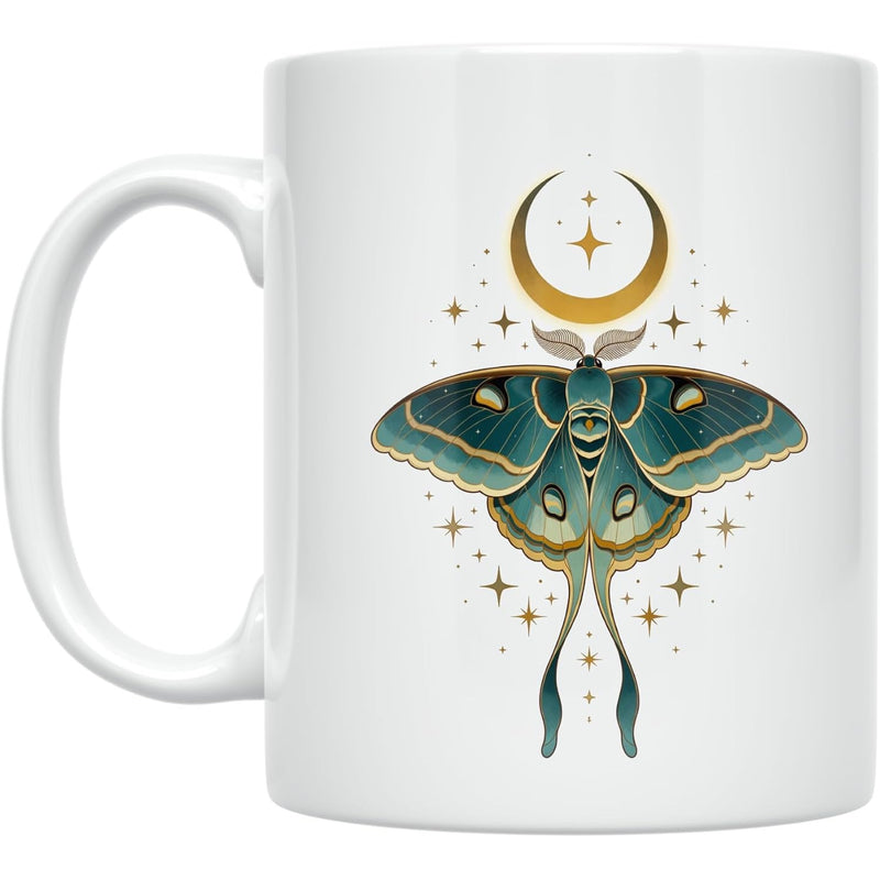 Tailorly White Ceramic 11 oz Mug - Elegant Teal Wings Beneath A Golden Crescent Moon Among Celestial Twinkling Stars Moth
