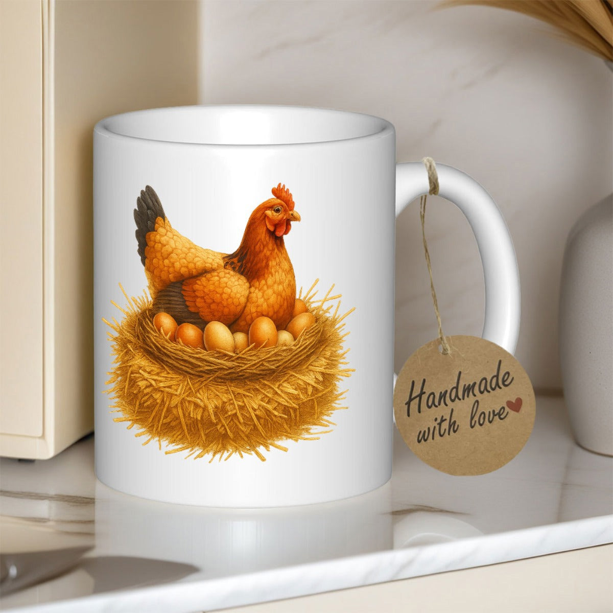 Tailorly White Ceramic 11 oz Mug - Handmade With Love Rustic Brown Hen Resting In A Straw Nest Protecting Eggs Hen