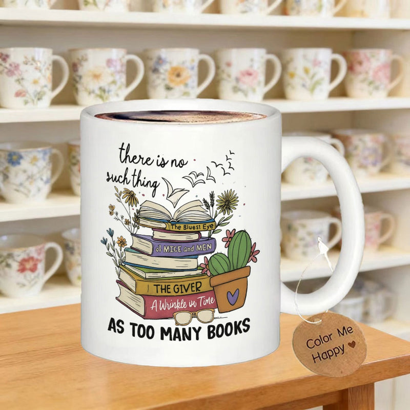Tailorly White Ceramic 11 oz Mug - There Is No Such Thing As Too Many Books Stacked Vintage Literature Among Blooming Wildflowers And A Small Potted Green Books
