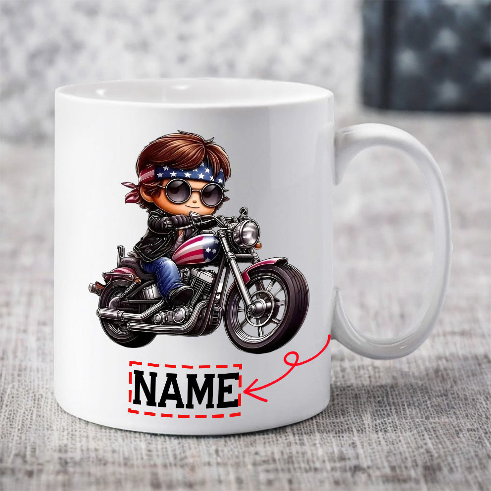 Tailorly White Ceramic 11 oz Mug - Name Chibi Biker Wearing Bandana And Riding A Vintage Style Motorcycle