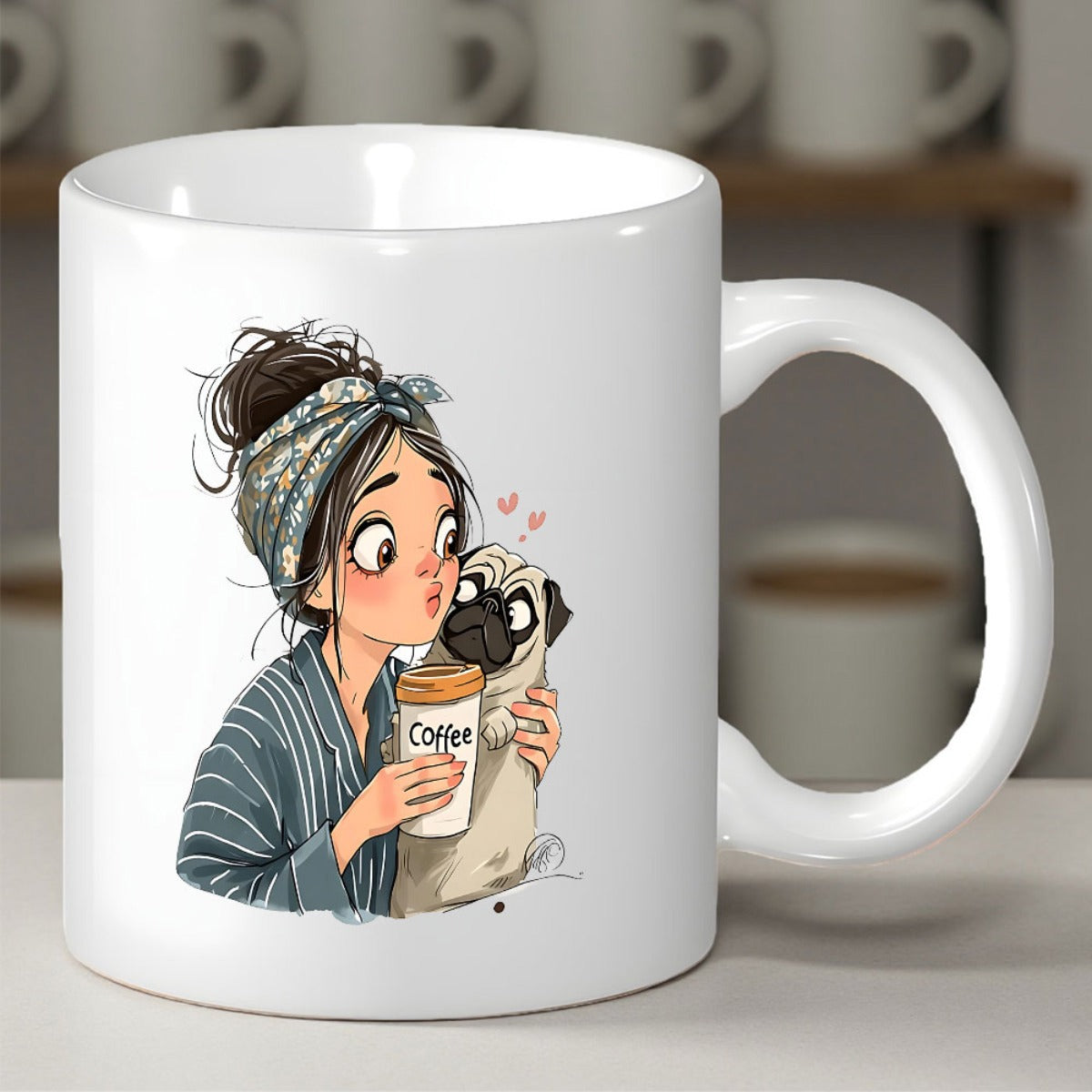 Tailorly White Ceramic 11 oz Mug - Coffee Illustrative Girl With Messy Bun Holding Coffee Cup Beside Cute Pug Pug