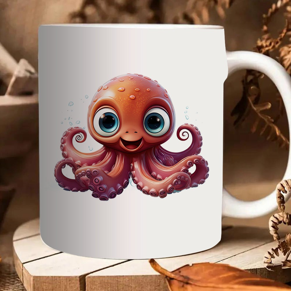 Tailorly White Ceramic 11 oz Mug - Cute Animated Sea Creature With Big Glowing Eyes Floating Gracefully Octopus