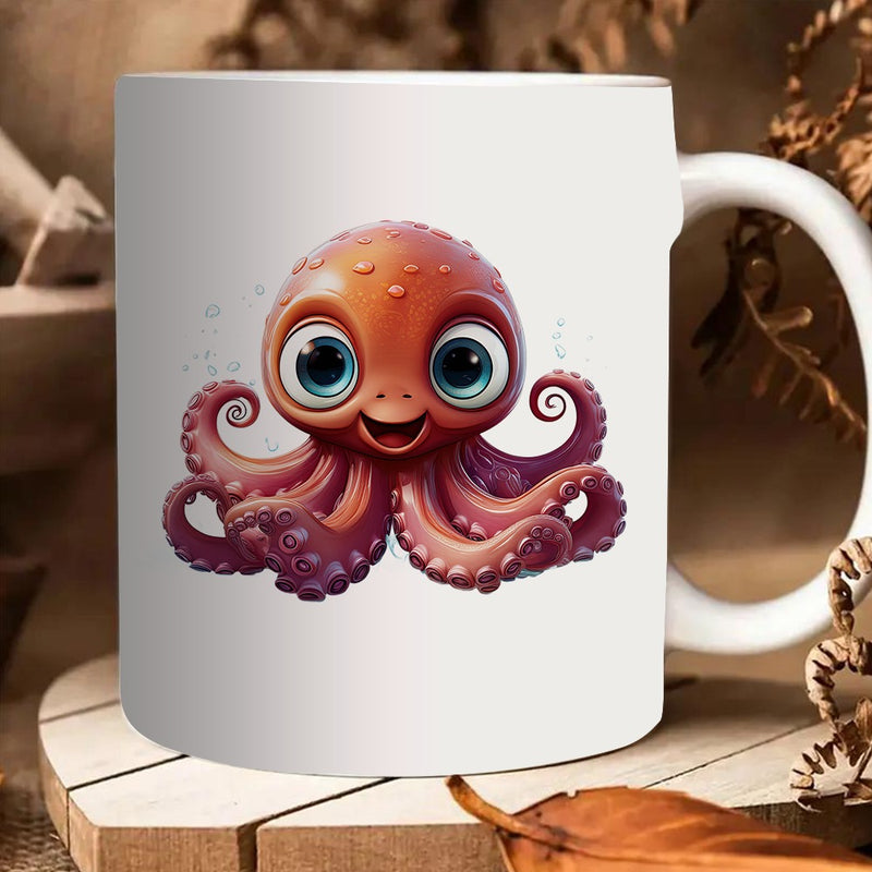 Tailorly White Ceramic 11 oz Mug - Cute Animated Sea Creature With Big Glowing Eyes Floating Gracefully Octopus