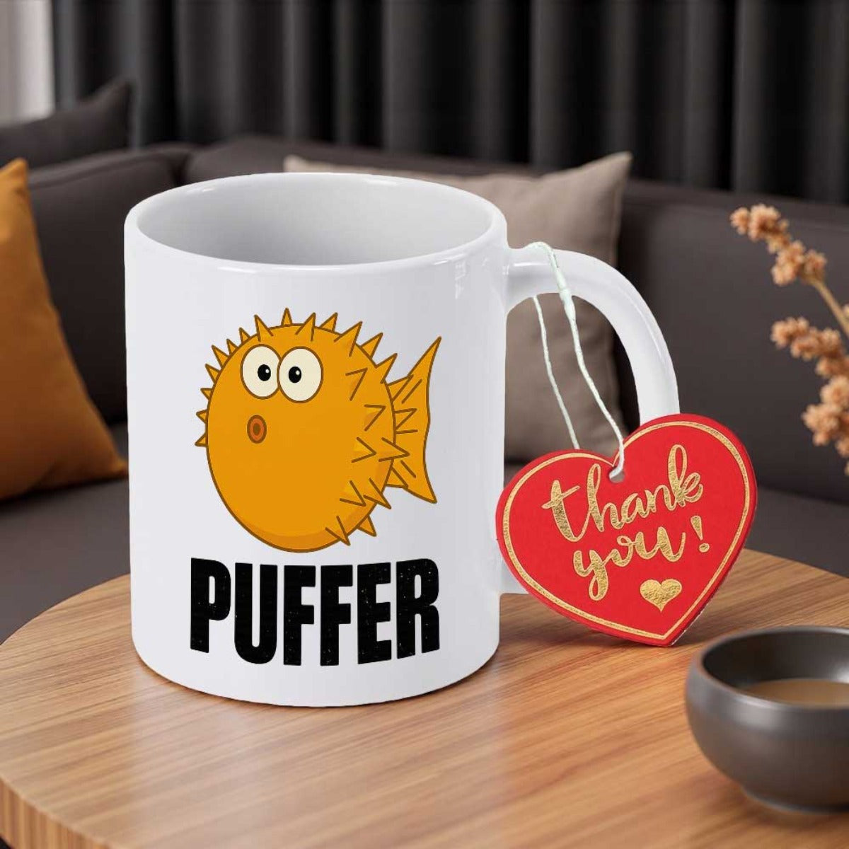 Tailorly White Ceramic 11 oz Mug - Puffer Cartoon Style Yellow Round Spikes With Large Eyes Pufferfish