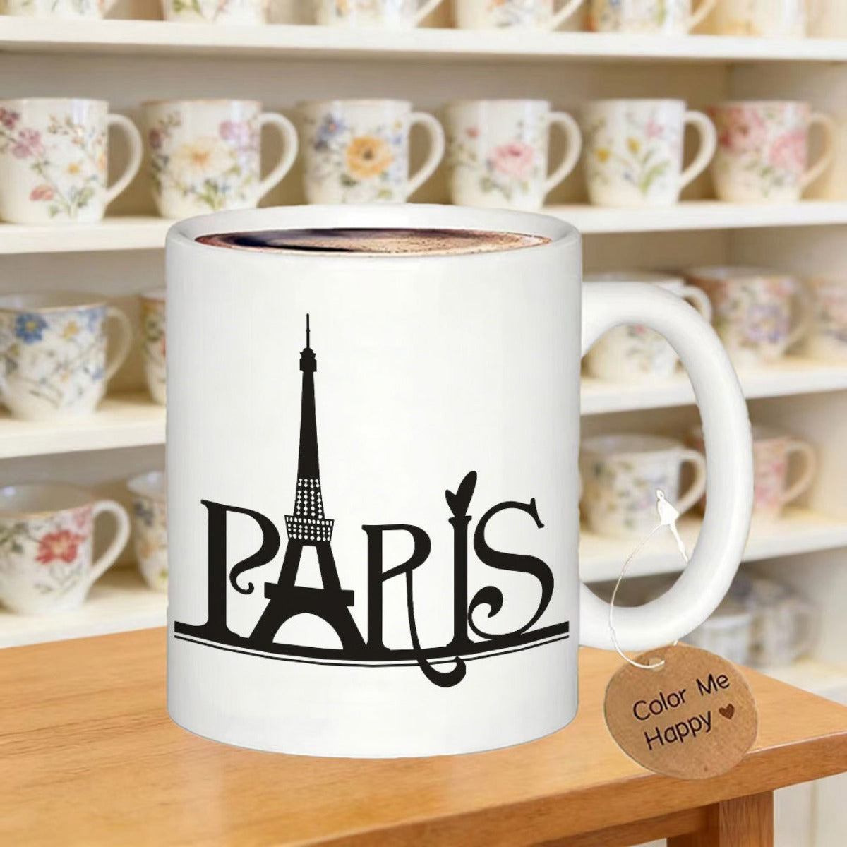 Tailorly White Ceramic 11 oz Mug - Paris Elegant Artistic Silhouette Featuring Famous Landmark Integrated Into Decorative City Name Tower