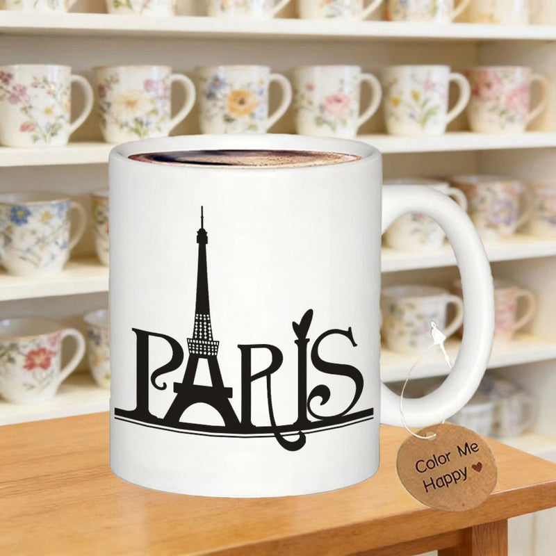 Tailorly White Ceramic 11 oz Mug - Paris Elegant Artistic Silhouette Featuring Famous Landmark Integrated Into Decorative City Name Tower