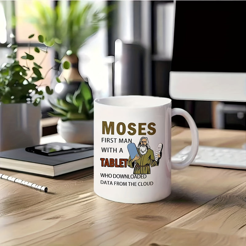 Tailorly White Ceramic 11 oz Mug - Moses First Man With A Tablet Who Downloaded Data From The Cloud Biblical Figure Holding Ancient Stone Tablets Standing In