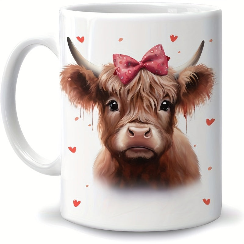 Tailorly White Ceramic 11 oz Mug - Cute Fluffy Brown Highland Calf Wearing Pink Bow Among Tiny Hearts Cow