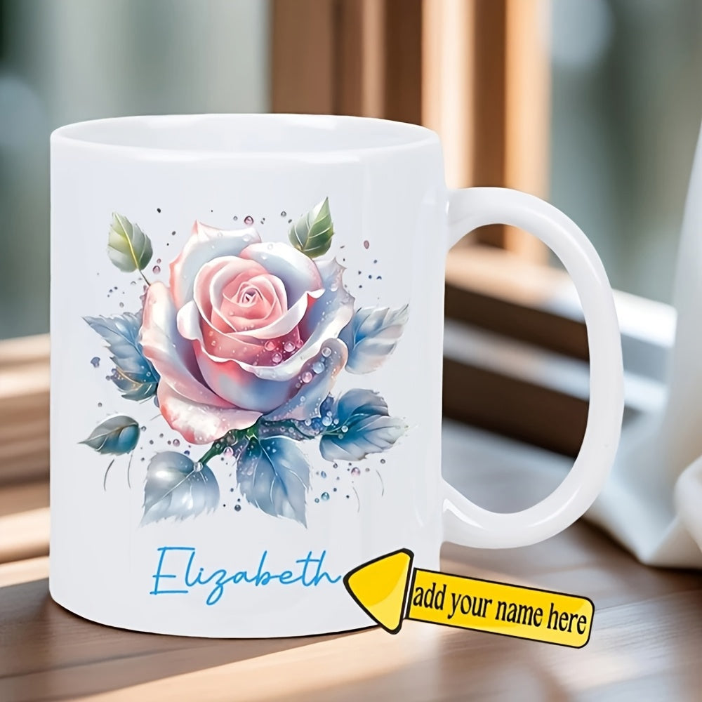 Tailorly White Ceramic 11 oz Mug - Elizabeth Elegant Watercolor Rose With Pastel Petals And Shimmering Blue Leaves Flower