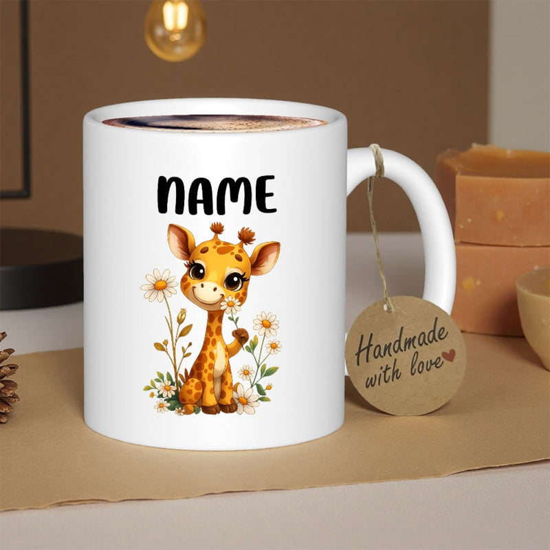 Tailorly White Ceramic 11 oz Mug - Name Cute Adorable Baby Giraffe Sitting Among Small Blooming White Flowers Giraffe