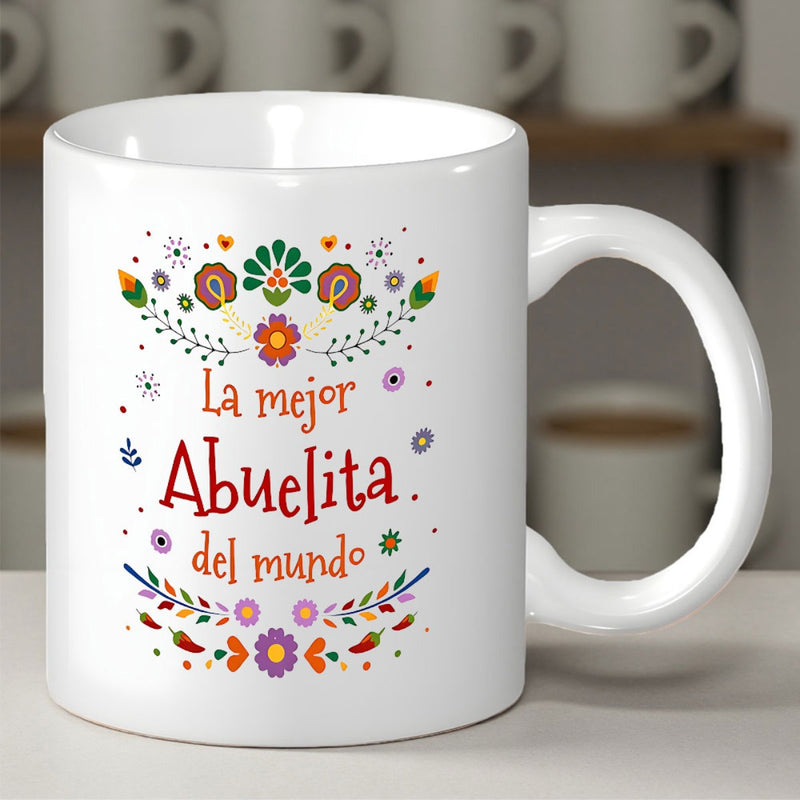 Tailorly White Ceramic 11 oz Mug - Vibrant Colorful Traditional Folk Art Style With Symmetrical Decorative Floral Pattern