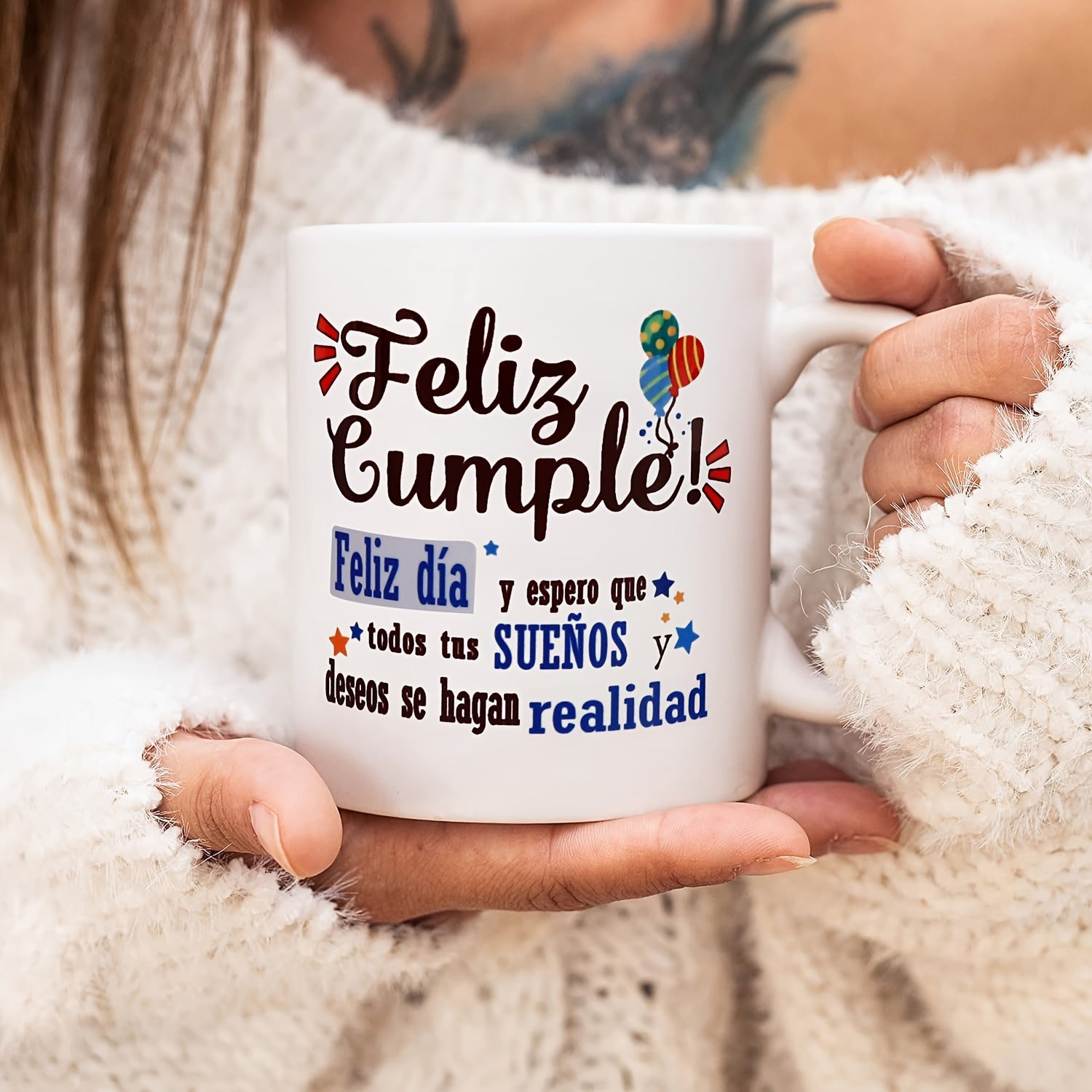 Tailorly White Ceramic 11 oz Mug - Festive Floating Decorative Stars And Vibrant Colorful Birthday Party Balloons