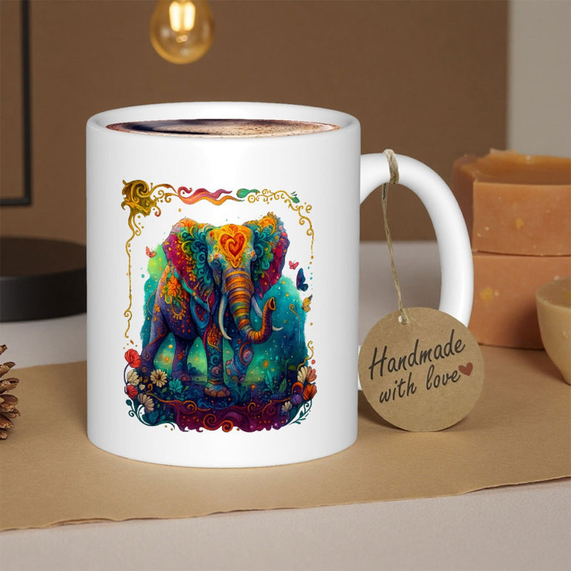 Tailorly White Ceramic 11 oz Mug - Vibrant Colorful Artistic Patterns Standing Among Decorative Swirls And Flowers Elephant
