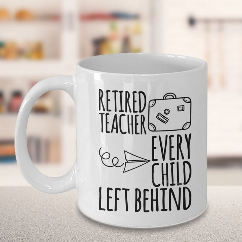 Tailorly White Ceramic 11 oz Mug - Retired Teacher Every Child Left Behind Hand Drawn Suitcase With Flying Paper Airplane And Minimalist Lines Mug