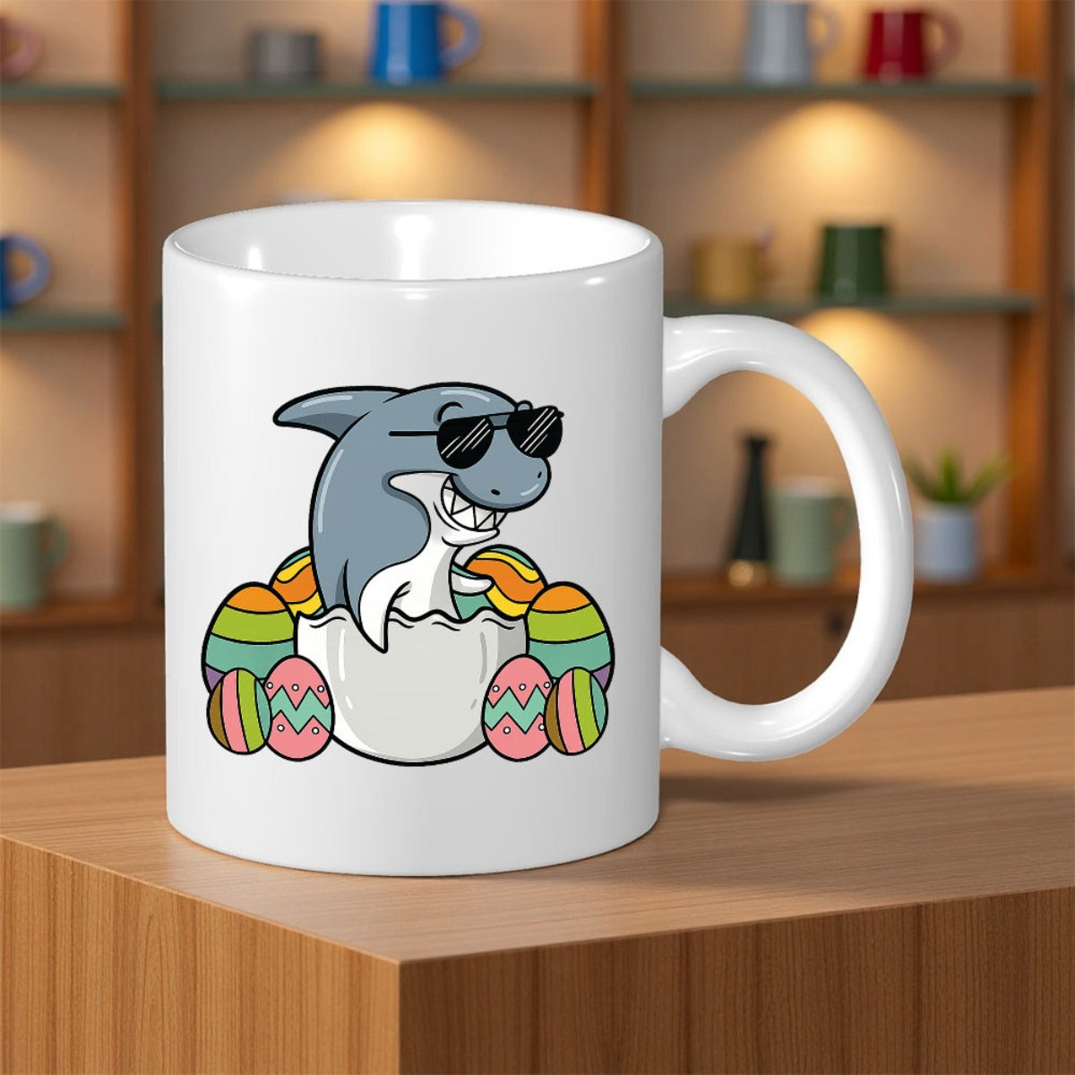 Tailorly White Ceramic 11 oz Mug - Cool Cartoon Shark Wearing Sunglasses Emerging From Decorative Colorful Patterned Easter Eggs Shark