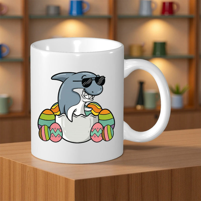 Tailorly White Ceramic 11 oz Mug - Cool Cartoon Shark Wearing Sunglasses Emerging From Decorative Colorful Patterned Easter Eggs Shark