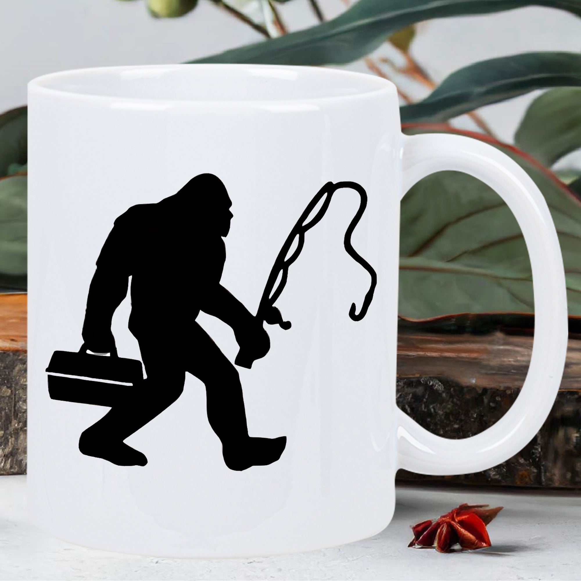 Tailorly White Ceramic 11 oz Mug - Legendary Creature Carrying Fishing Rod And Tackle Box Walking Trail Bigfoot