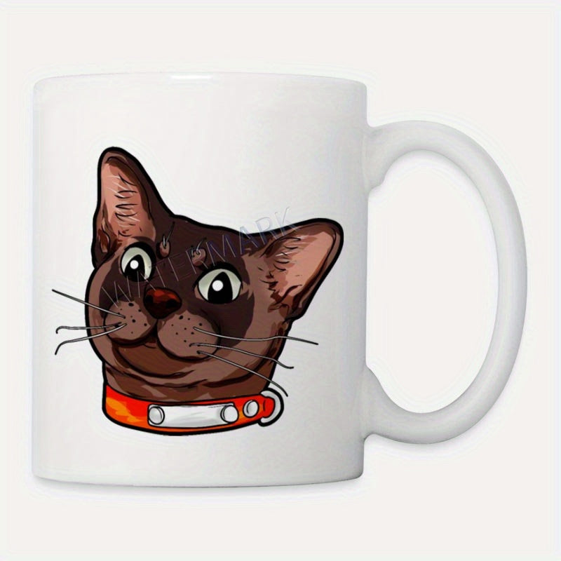 Tailorly White Ceramic 11 oz Mug - Artistic Illustration Of A Brown Siamese Cat Wearing Red Collar Cat