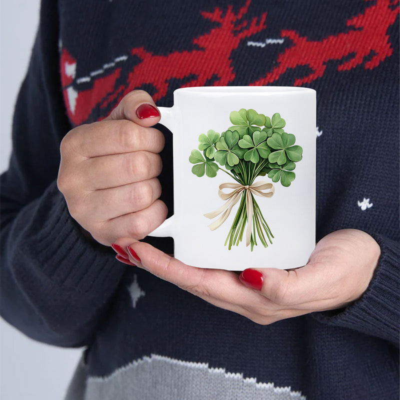 Tailorly White Ceramic 11 oz Mug - Fresh Green Vibrant Leaves Tied With Elegant Delicate Ribbon Bow Clover