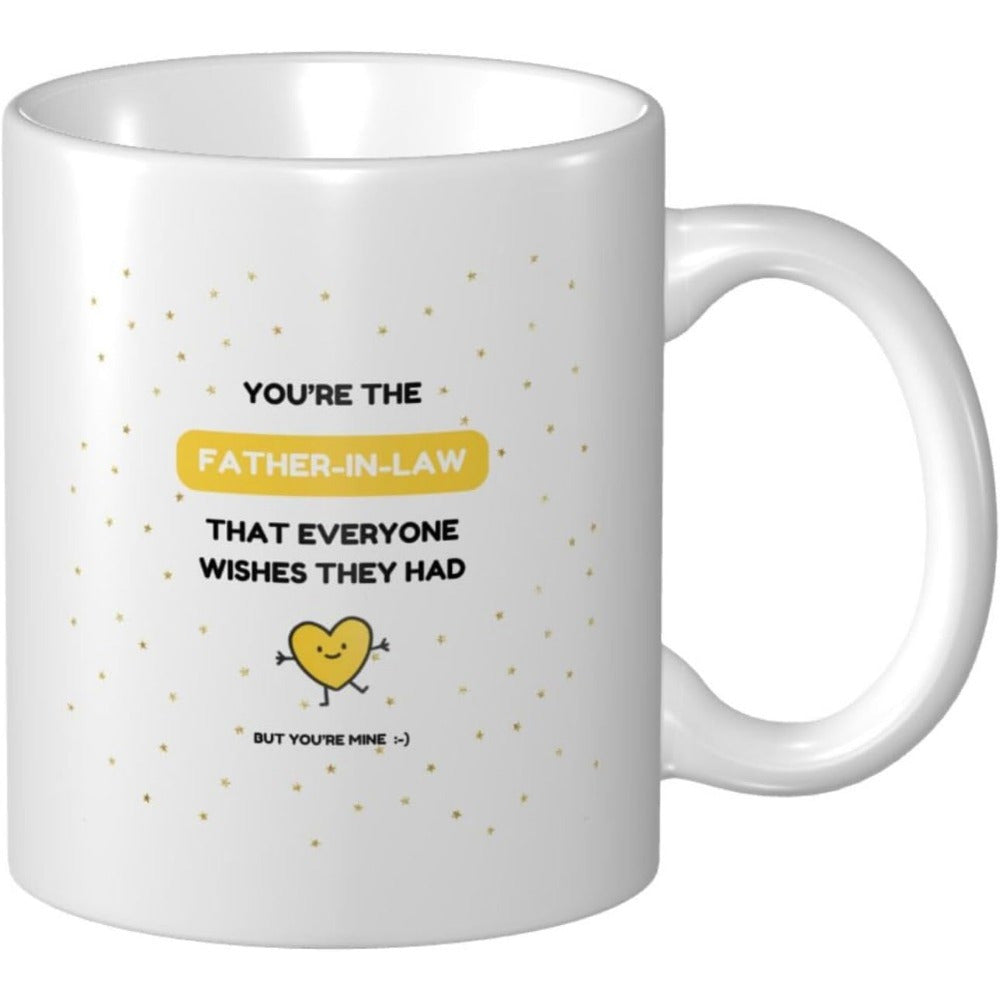 Tailorly White Ceramic 11 oz Mug - Youre The Father In Law That Everyone Wishes They Had But Youre Mine Smiling Yellow Heart Character Among Tiny Golden Sprinkled
