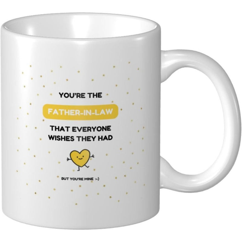 Tailorly White Ceramic 11 oz Mug - Youre The Father In Law That Everyone Wishes They Had But Youre Mine Smiling Yellow Heart Character Among Tiny Golden Sprinkled